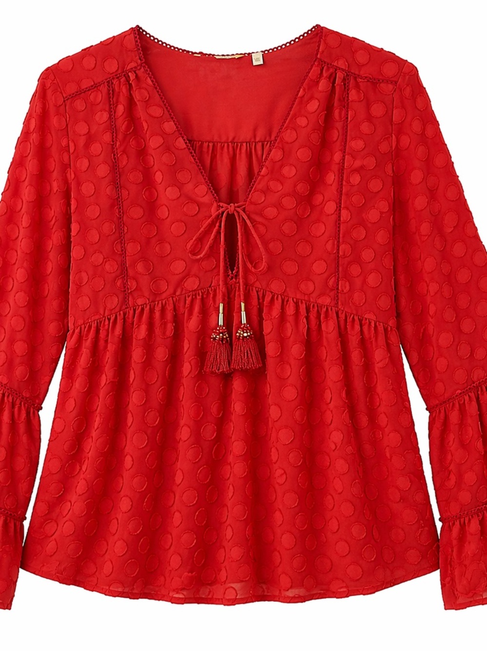 Soft Surroundings Red Swiss Dot Boho Blouse Tassel Tie Flowy Peasant Top Womens - Picture 1 of 14